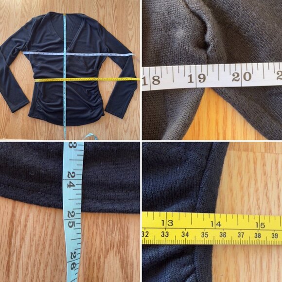 Black Wrap Top Size Large Long Sleeve V Neck Side Pleats Lightweight Sweater - Picture 3 of 9